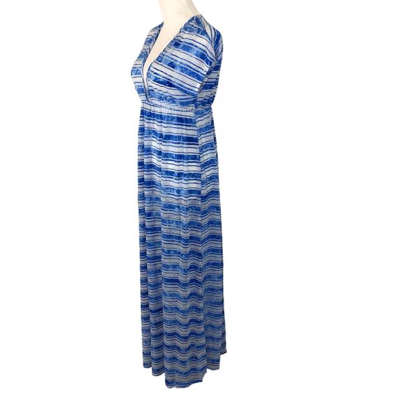 Dream Beach Sheer Maxi Dress Swimsuit Cover Low V Neck Size Medium Blue Vintage - Picture 7 of 11